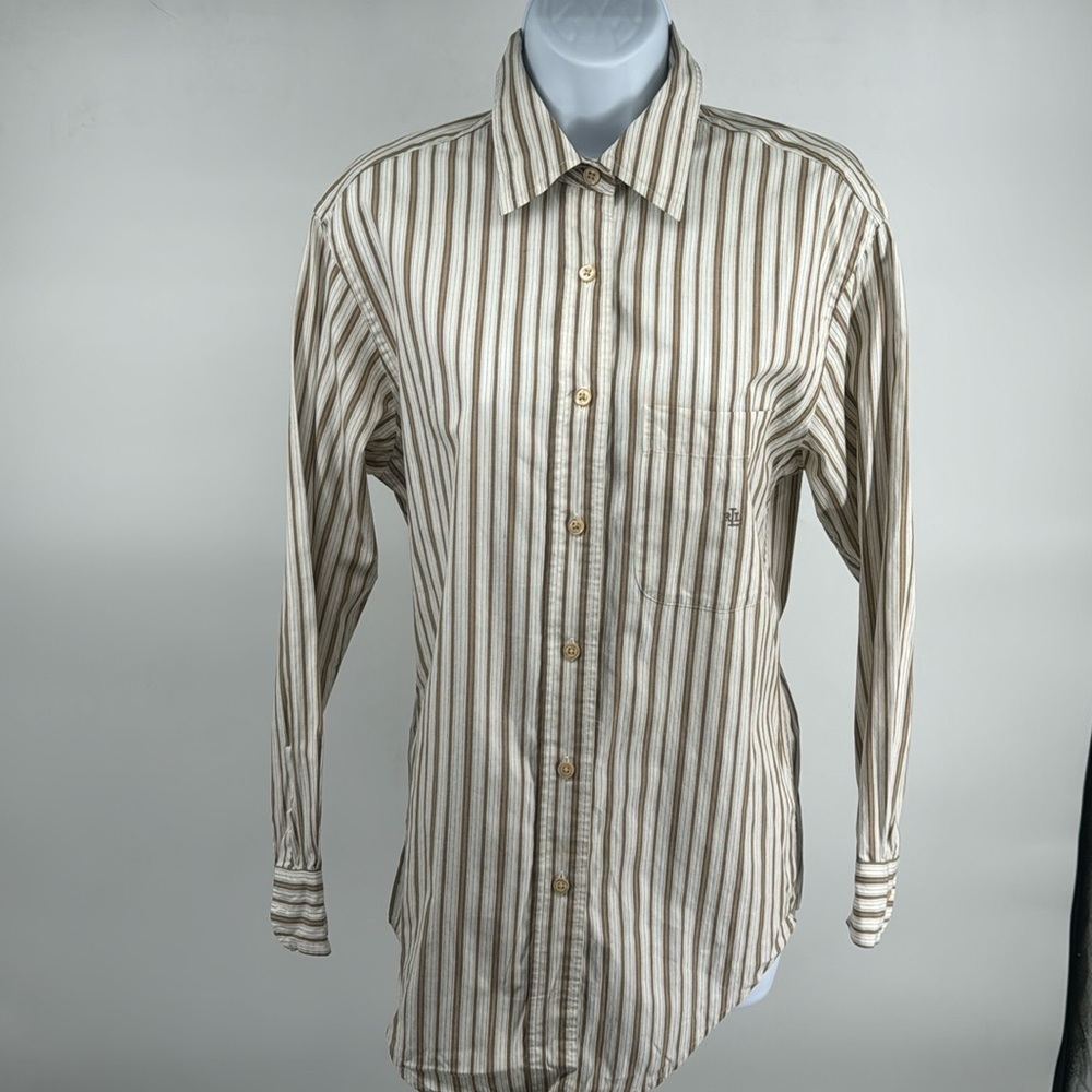 Women’s Lauren Ralph Lauren Cream & Tan Stripped Long Sleeve Blouse | Size 4